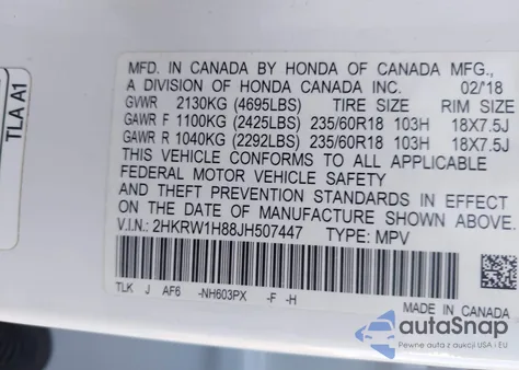 2018 Honda Cr-V Ex-L/Ex-L Navi from USA, damaged, VIN 2HKRW1H88JH507447